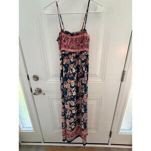 Boho Floral Smocked Maxi Dress Teal Blue Pink Sleeveless Summer Festival S